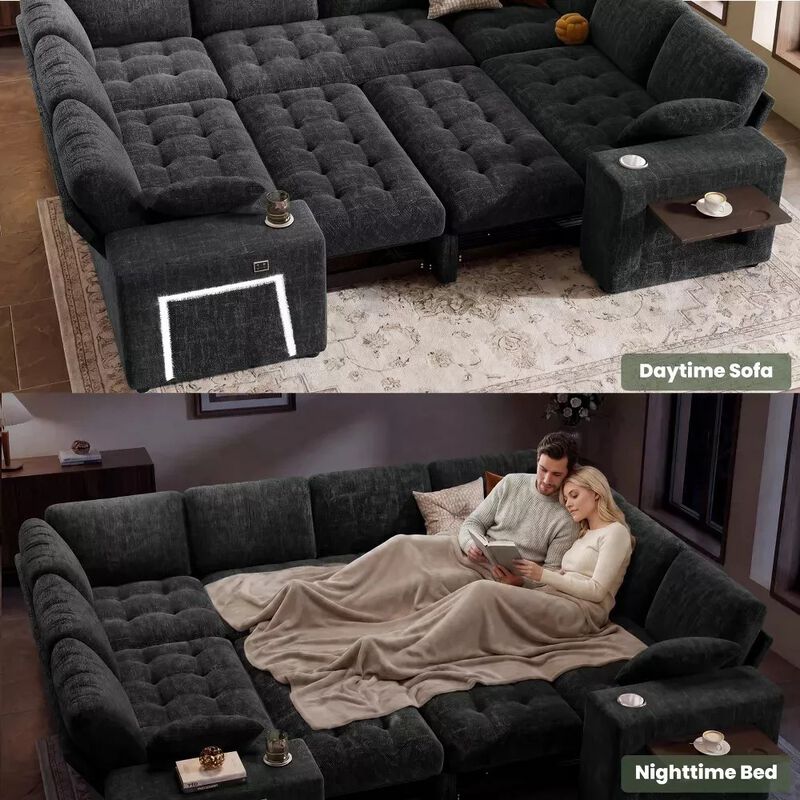 Vipbear 110" Modular Sectional Sleeper Sofa, 8-Seater Chenille U-Shaped Couch with Pull-Out Beds image number 7