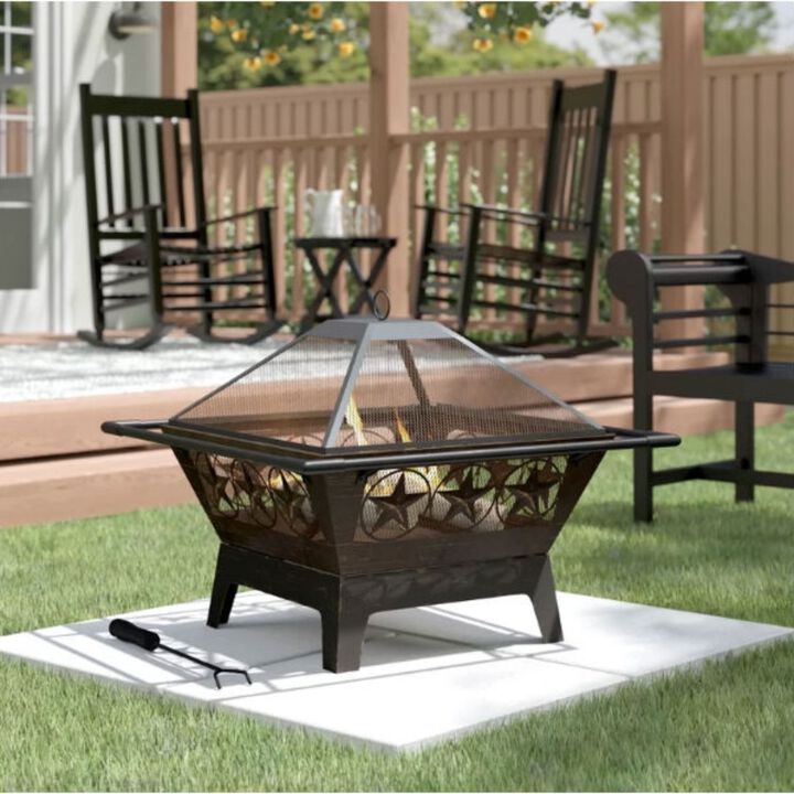 QuikFurn Square Outdoor Steel Wood Burning Fire Pit with Star Design