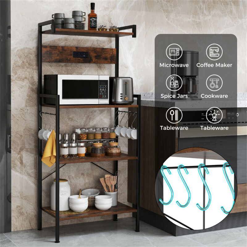 Modern 4-Tier Kitchen Storage Rack with Electrical Outlets, Space-Saving Organizer for Kitchen, Dining, or Office
