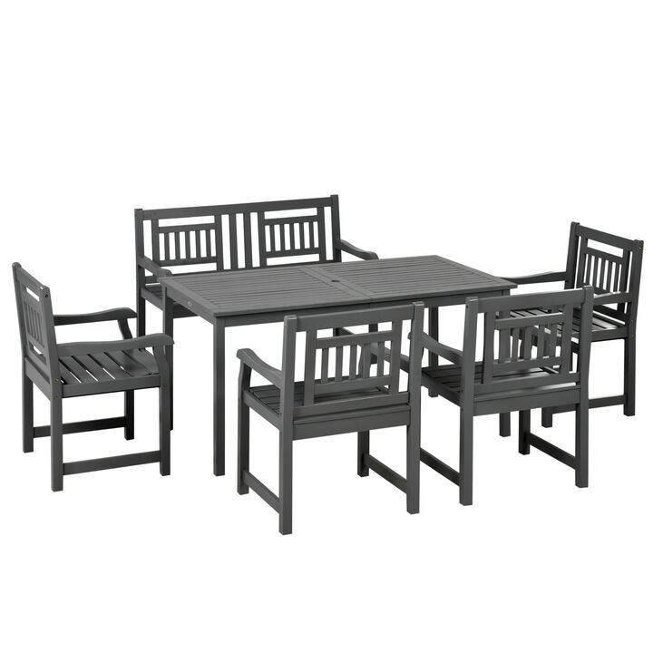 Outsunny 6 Piece Patio Dining Set, Outdoor Poplar Wood Furniture Set, Umbrella Hole Table and Chairs with Bench for Porch, Backyard, Balcony, Outside Garden, Dark Gray