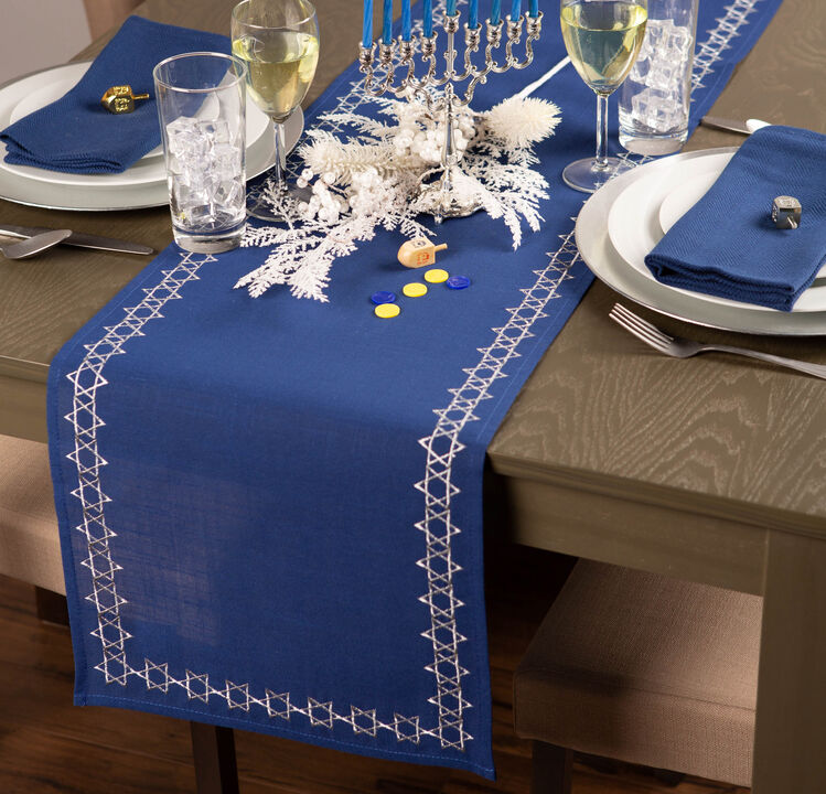 70" Royal Blue and Silver Colored Star of David Table Runner