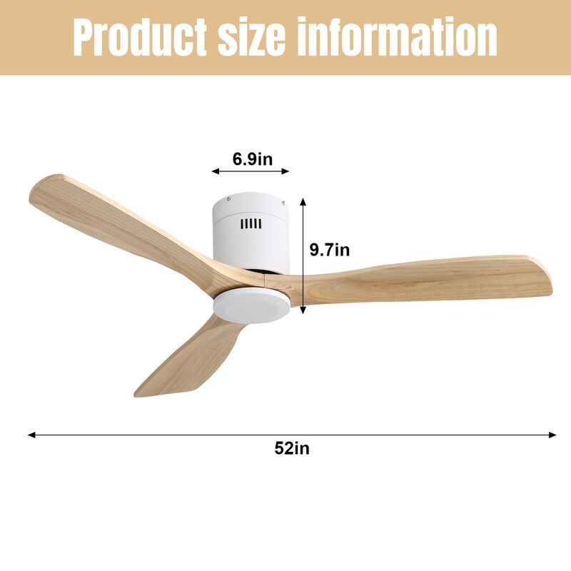 52 Inch Wooden Ceiling Fan With 3 Solid Wood Blades Remote Control Reversible DC Motor Witout Light image number 3