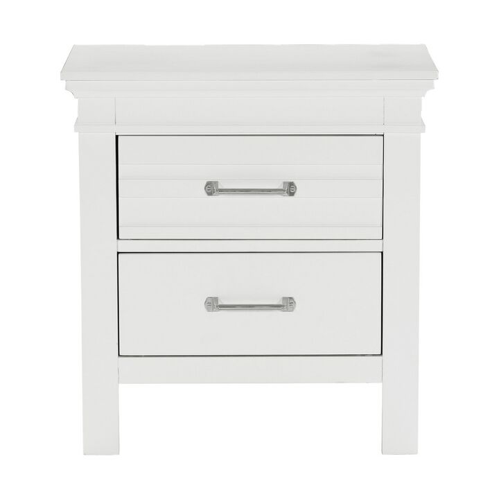 Candy 25 Inch Nightstand, 2 Drawers, Nickel Bar Handles, White Solid Wood - Benzara