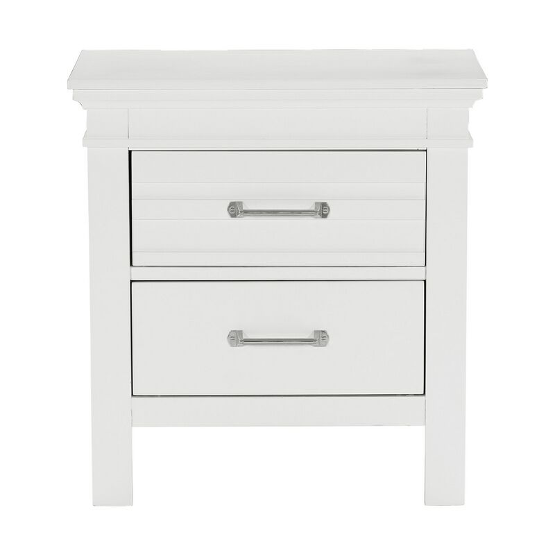 Candy 25 Inch Nightstand, 2 Drawers, Nickel Bar Handles, White Solid Wood - Benzara