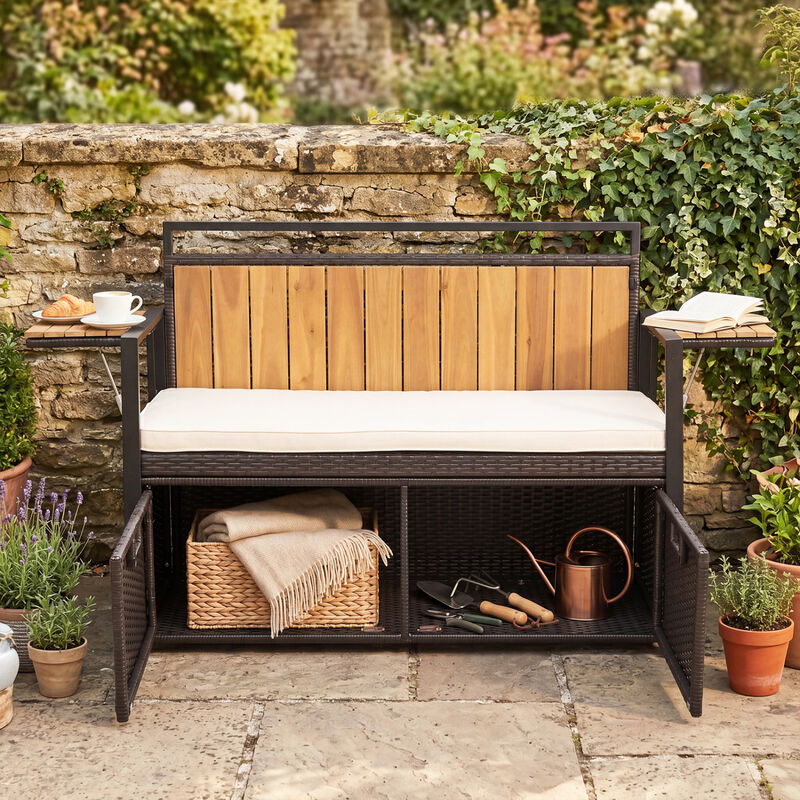 2-Person Outdoor Storage Bench with Side Tables for Patio and Garden image number 5