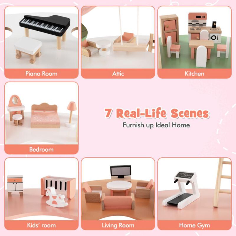 Hivvago 3-Tier Wooden Dollhouse for Kids Aged 3-8 Years Old with 32 Pieces of Accessories
