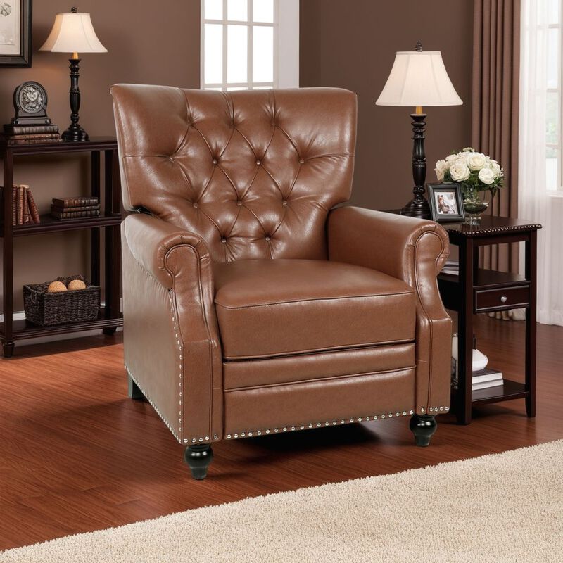 Recliner Chair, Turned Legs, Light Brown Button Tufted Faux Leather - Benzara