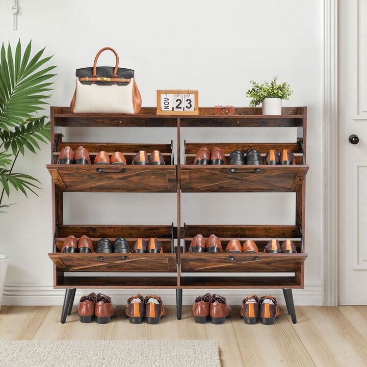 4-Drawer Shoe Cabinet with Wood Legs, Farmhouse Storage with Anti-Tip Brown