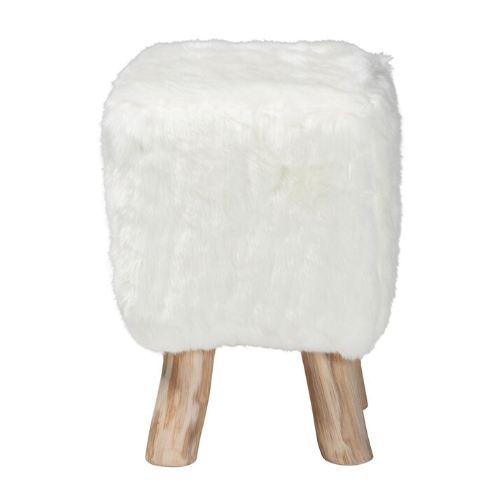 bali & pari Scotlyn Faux Fur Footstool with Teak Wood Legs - Rustic Boho Accent Seat, Handmade Decorative Footrest for Living Room or Bedroom, White