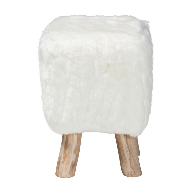 bali & pari Scotlyn Faux Fur Footstool with Teak Wood Legs - Rustic Boho Accent Seat, Handmade Decorative Footrest for Living Room or Bedroom, White image number 1