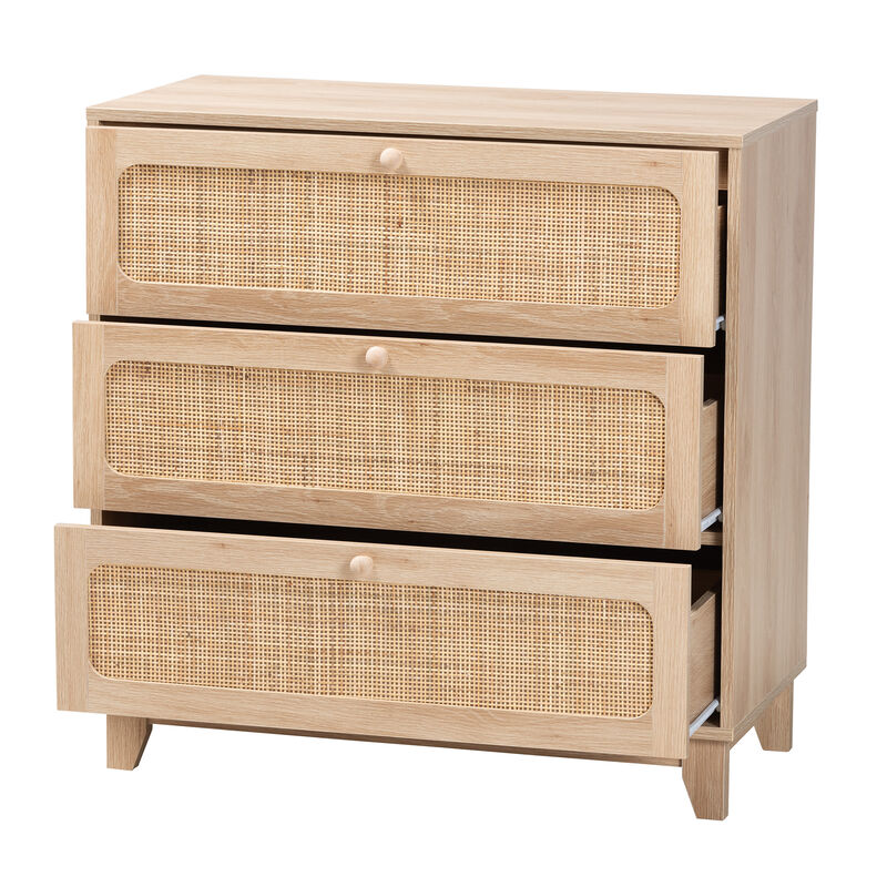 Baxton Studio Elsbeth Japandi Oak Finished Wood and Natural Rattan 3 Drawer Storage Cabinet image number 2