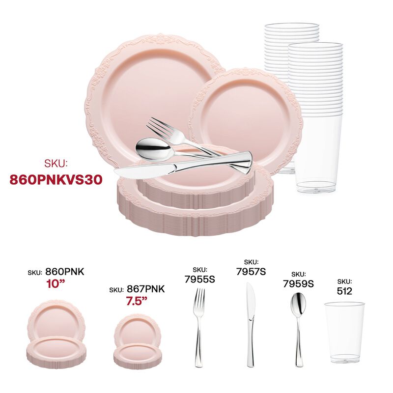 Pink Vintage Round Plastic Wedding Value Set (30 Sets) image number 5