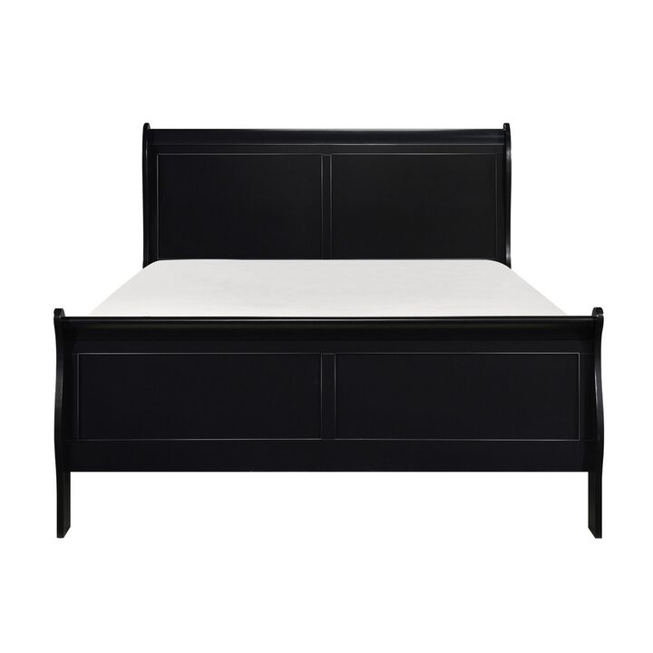 Gage Traditional Queen Size Sleigh Bed, Wood Frame, Bold Jet Black Finish-Benzara