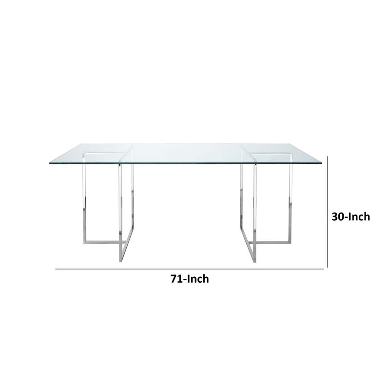 Nisa 71 Inch Dining Table, Tempered Glass Rectangular Top, Chrome Metal