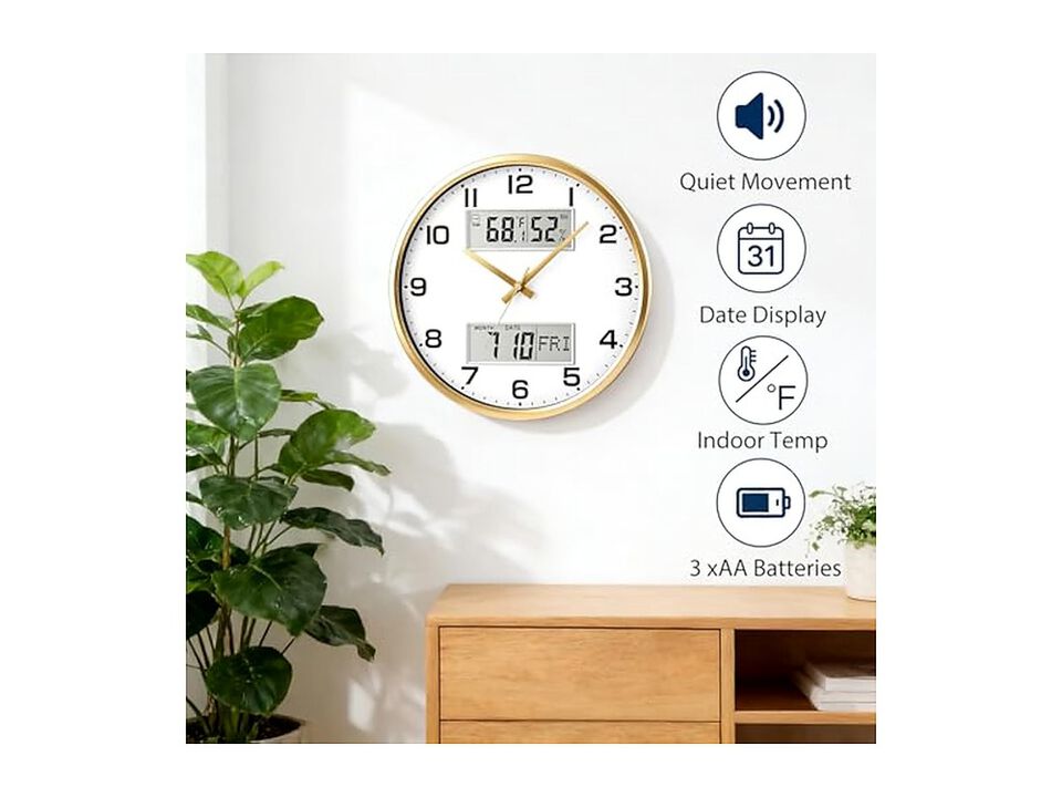 Gold Calendar Temperature Humidity Wall Clock 13 Inch Silent Battery Operated