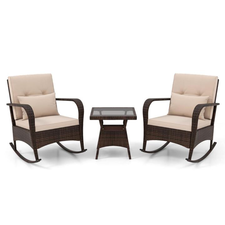 Hivvago 3 Pieces Outdoor Rocking Set with Tempered Glass Coffee Table for Backyard Poolside