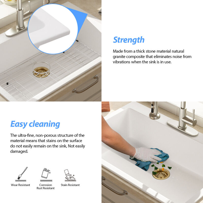33x22x10 Inch White Granite Composite Drop In kitchen Sink Single Bowl Quartz Kitchen Sink image number 3