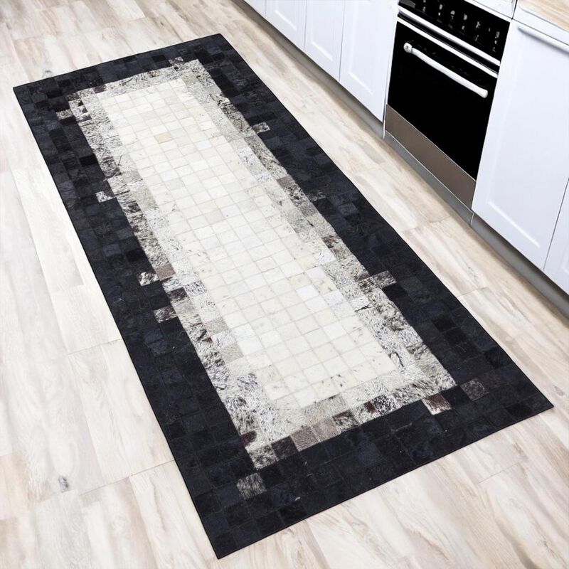White & Grey Cowhide Rug with Black Border image number 1