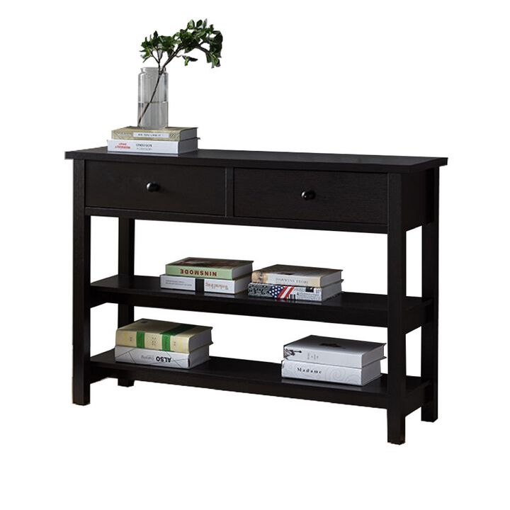 Two Drawer Console Table with Two Open Shelves and Block Legs, Dark Brown-Benzara