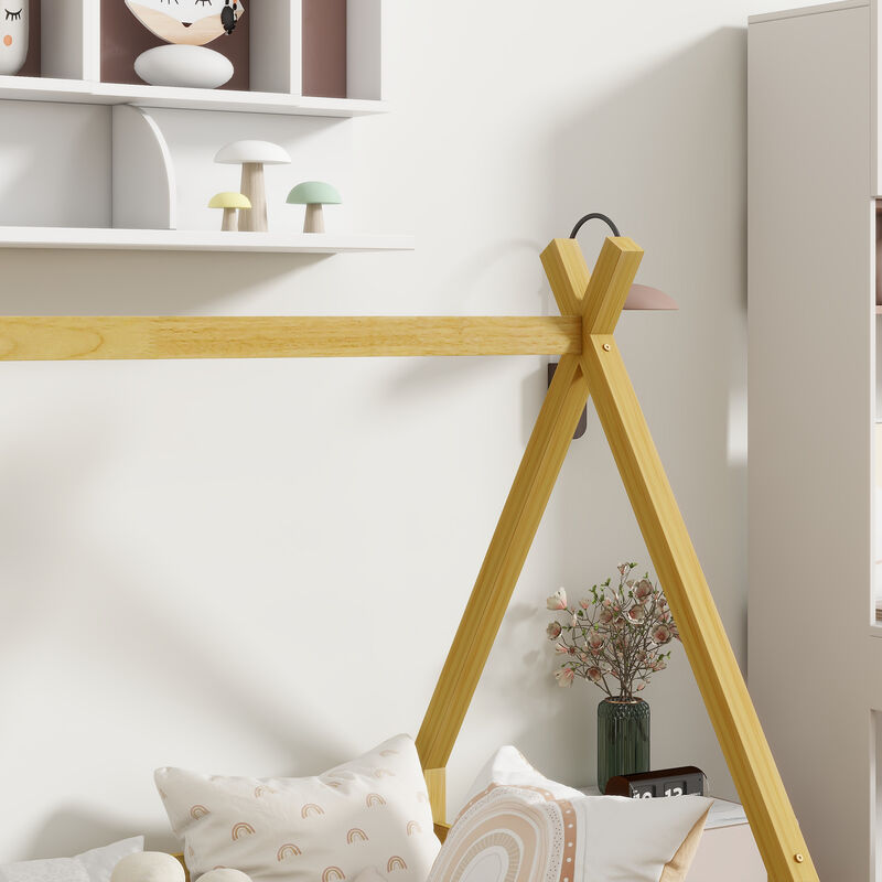 Whisen Wooden Teepee Tent Bed with Guardrails and Slats, Twin Floor Bed for Kids image number 5