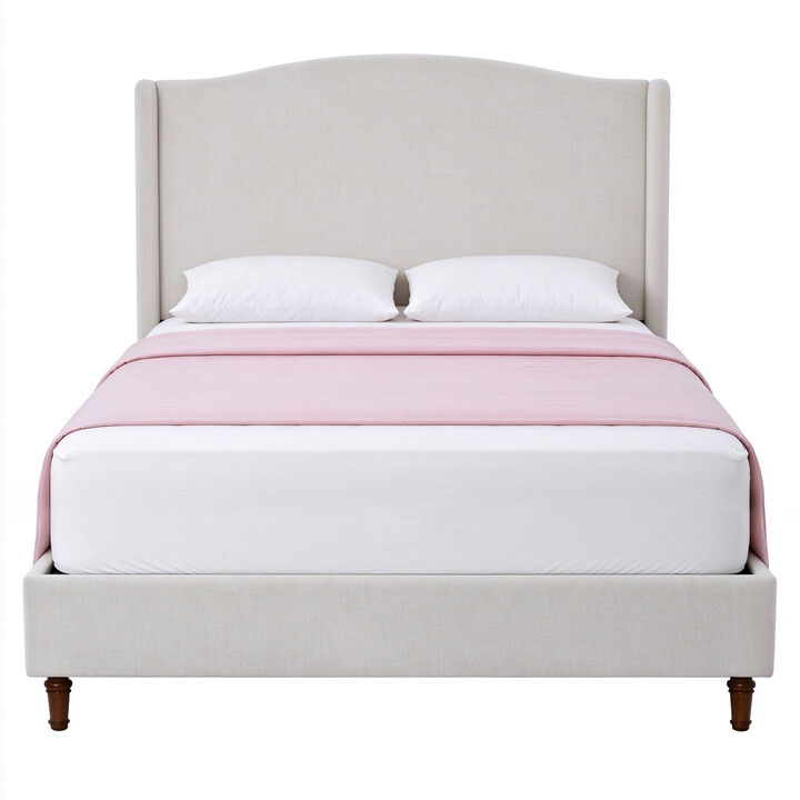 Queen Wingback Upholstered Bed with 54" Camelback Headboard, Ivory Textured Fabric