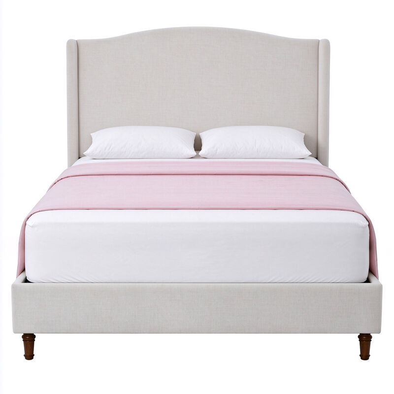 Queen Wingback Upholstered Bed with 54" Camelback Headboard, Ivory Textured Fabric image number 0