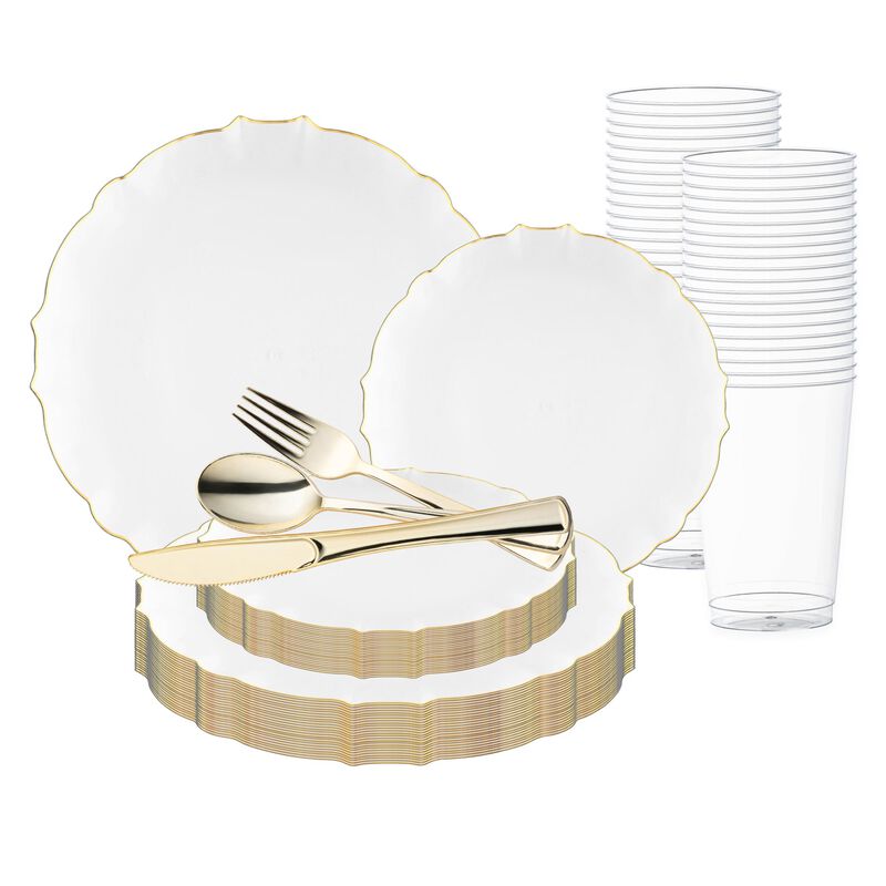 Clear with Gold Rim Round Lotus Plastic Wedding Value Set (30 Sets) image number 0