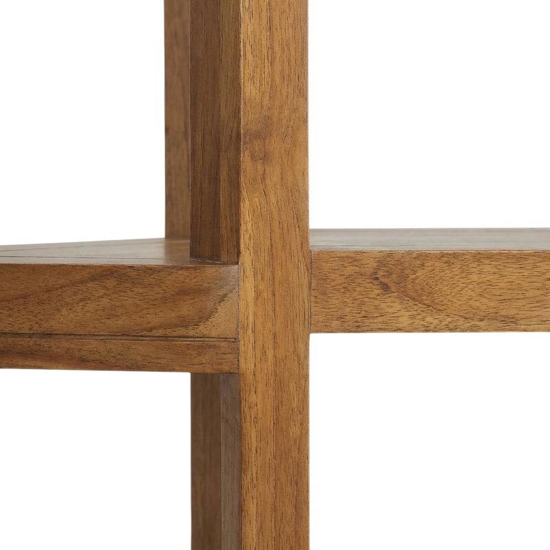 Tall brown arched bookshelf with engineered wood frame for stylish storage image number 2