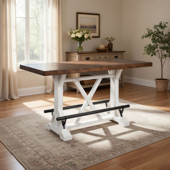 Becy Counter Height Dining Table, 60 Inch, White and Brown Pine Wood