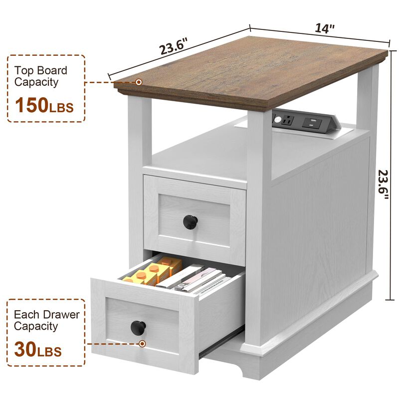HIFYOBRO End Table with Flip Top Charging Station Set of 2, White Side Table with 2 Drawers, Type-C & USB Port & Power outlets,