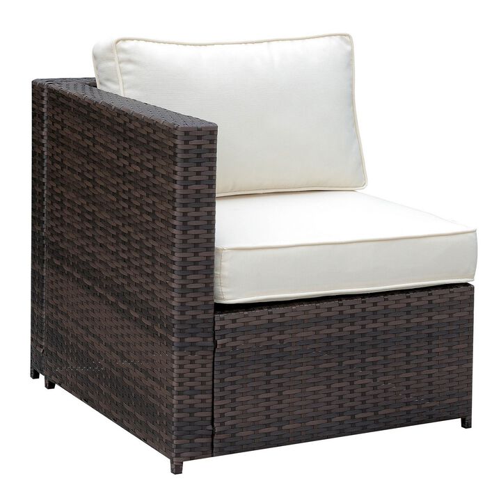 Faux Rattan Right Arm Chair with Seat & Back Cushions, Brown And Ivory-Benzara