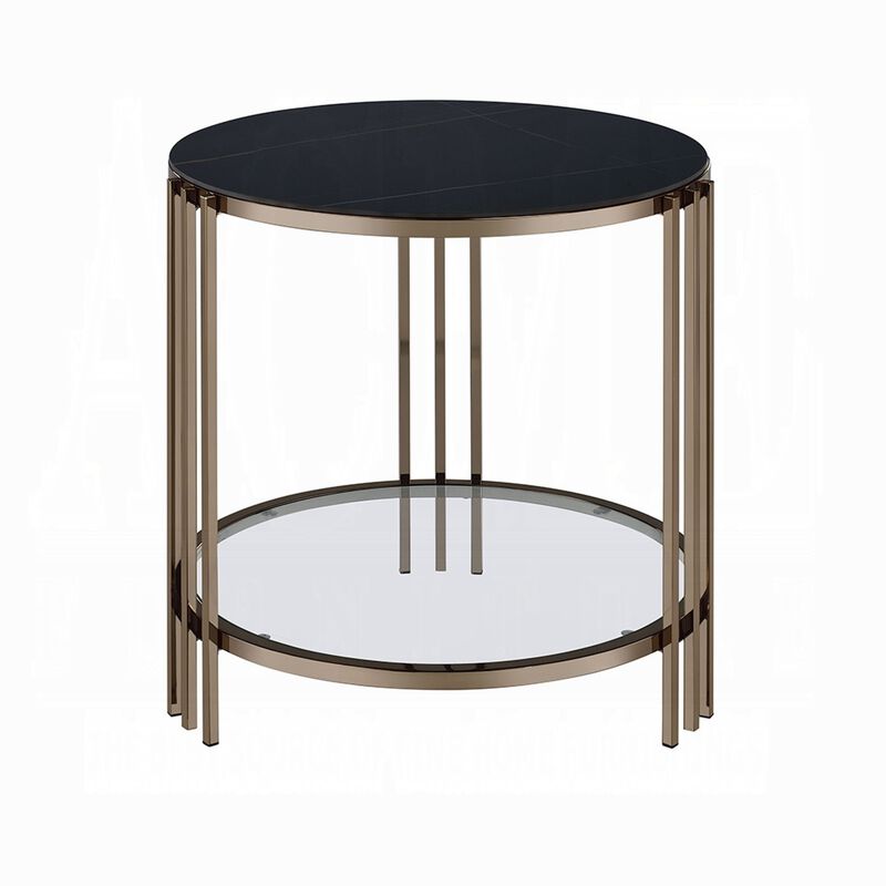 Abio Side End Table, 23 Inch, Round Sintered Stone Top, Black and Gold