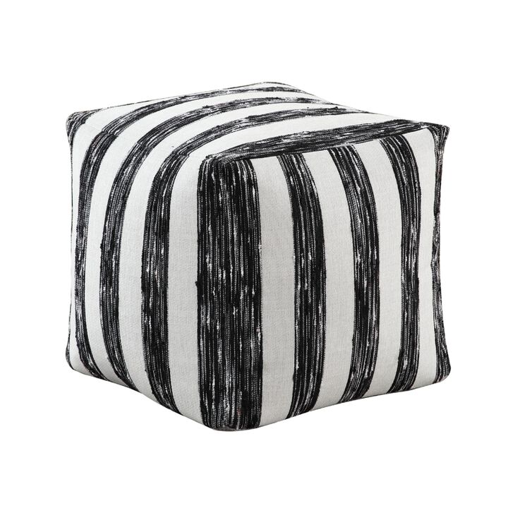 Modern Pouf Ottoman, Black White Wide Striped Jacquard, 16 Inch Square