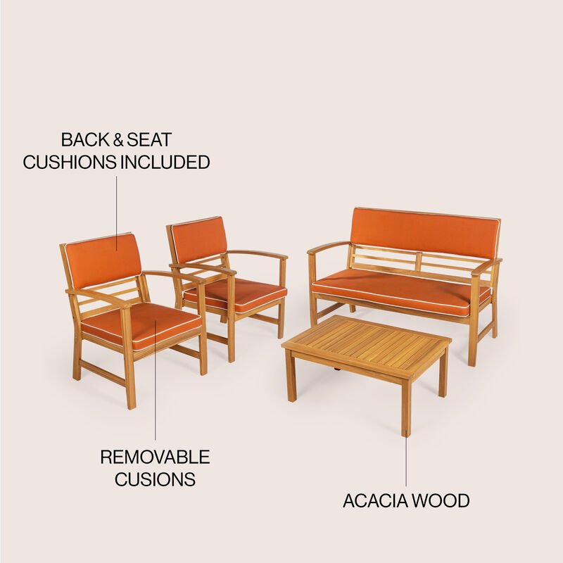 Barclay 4-Piece Modern Coastal Acacia Wood Conversation Outdoor Patio Set with Cushions