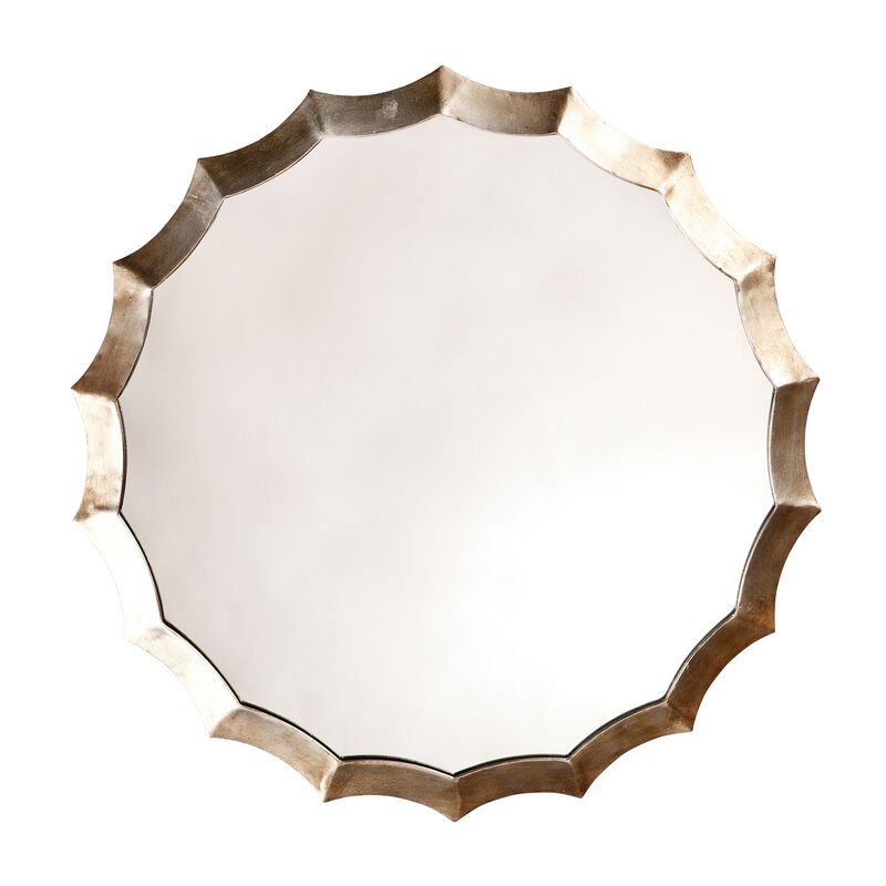 Round Mirror with Scalloped Metal Frame, Gold - Benzara