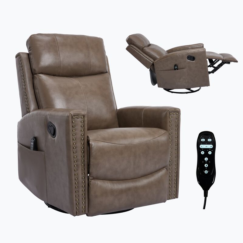 Genuine Leather Heat Massage Manual Recliner Chair with Rocker and Swivel for Living Room image number 0