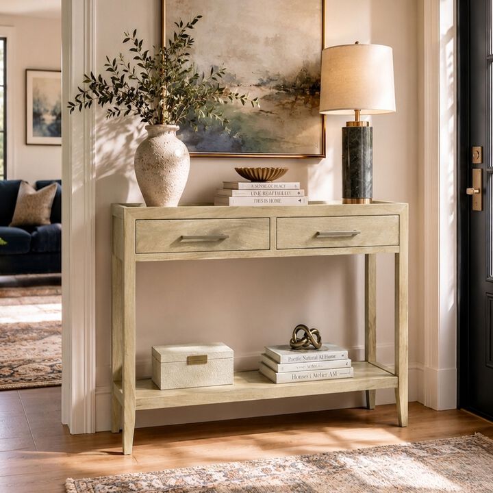 Unya 36 Inch Sofa Console Table with Shelf, 2 Drawers, Natural Brown Mango Wood, Organic Decor