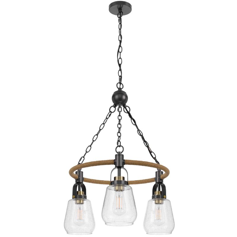 3 Light Chandelier, Rope Accents, Bubble Glass Bulbs, Black Metal 28 Inch image number 3
