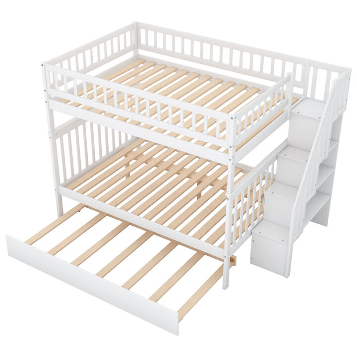 Full over Full Bunk Bed with Trundle and Staircase, Gray