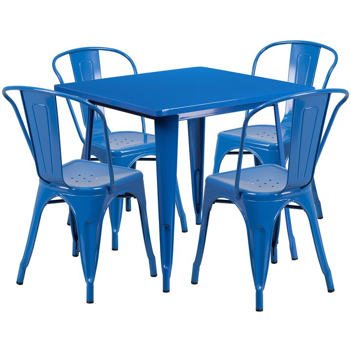 Flash Furniture Commercial Grade 31.5" Square Blue Metal Indoor-Outdoor Table Set with 4 Stack Chairs