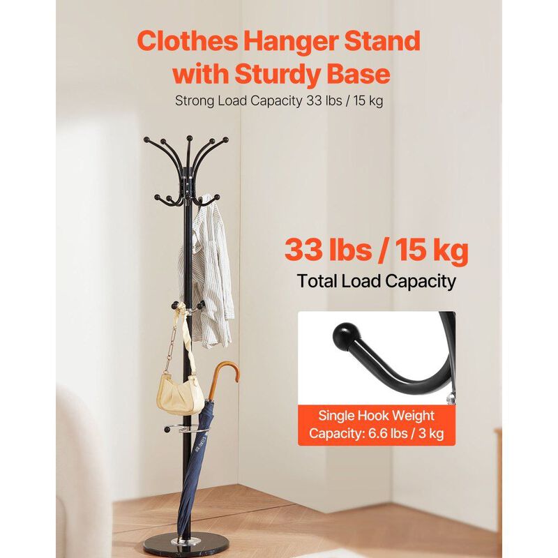 Coat Rack with Umbrella Holder, 14 Hooks Freestanding Stand with Marble Base image number 3
