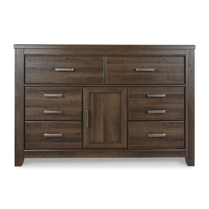 Rye 61 Inch Dresser, 6 Drawers 1 Cabinet, Classic Laminate Dark Brown