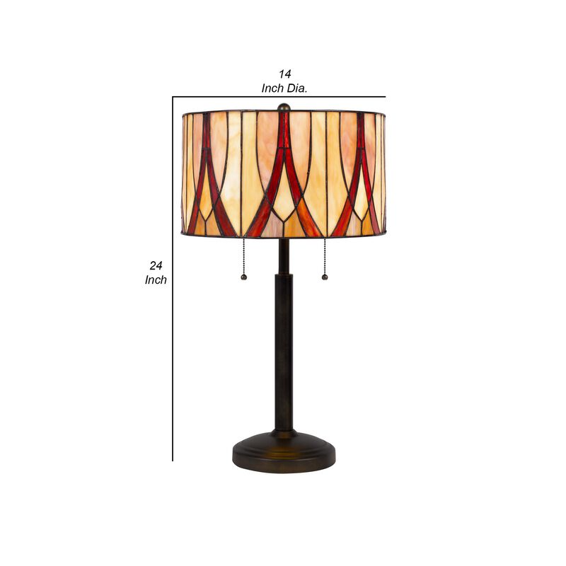 Eli 24 Inch Tiffany Style Table Lamp, Glass Shade, Antique Bronze - Benzara