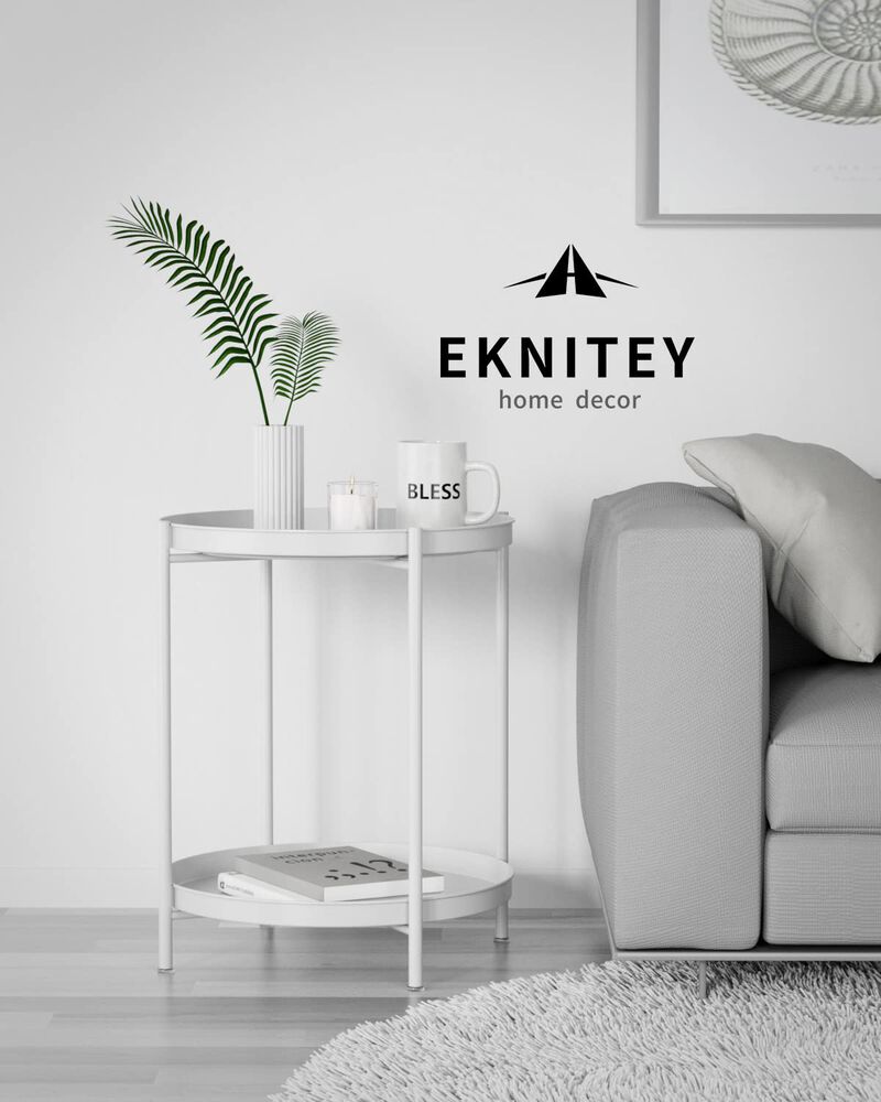 EKNITEY 2 Tier End Table - Metal Side Table Waterproof Small Sofa Coffee Side Tables Bedroom Indoor Outdoor with Removable Tray