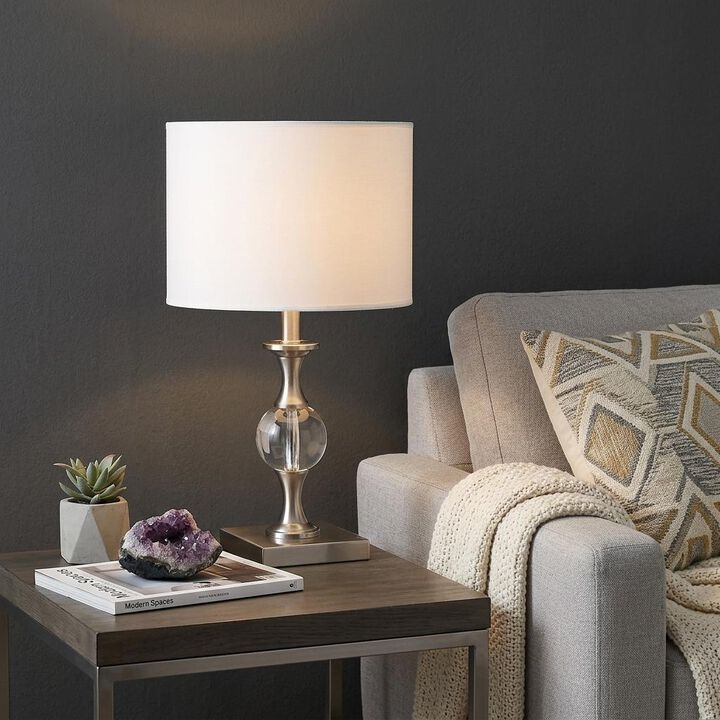 HomeRoots 20" Silver Bedside Table Lamp With White Drum Shade