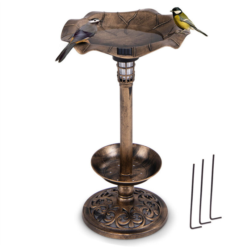 Outdoor Birdbath with Feeder & Solar Lamp, Freestanding Garden Decoration