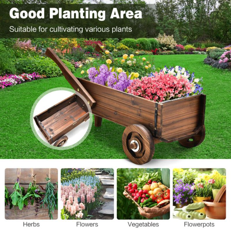 Hivvago Wooden Wagon Planter Box with Wheels Handles and Drainage Hole