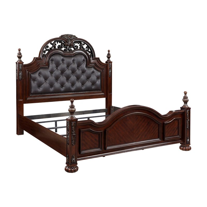 Amio Queen Bed, Button Tufted Faux Leather Headboard, Cherry Brown Wood