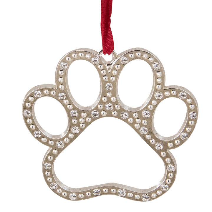 2.5" Silver-Plated Paw Print Christmas Ornament with European Crystals