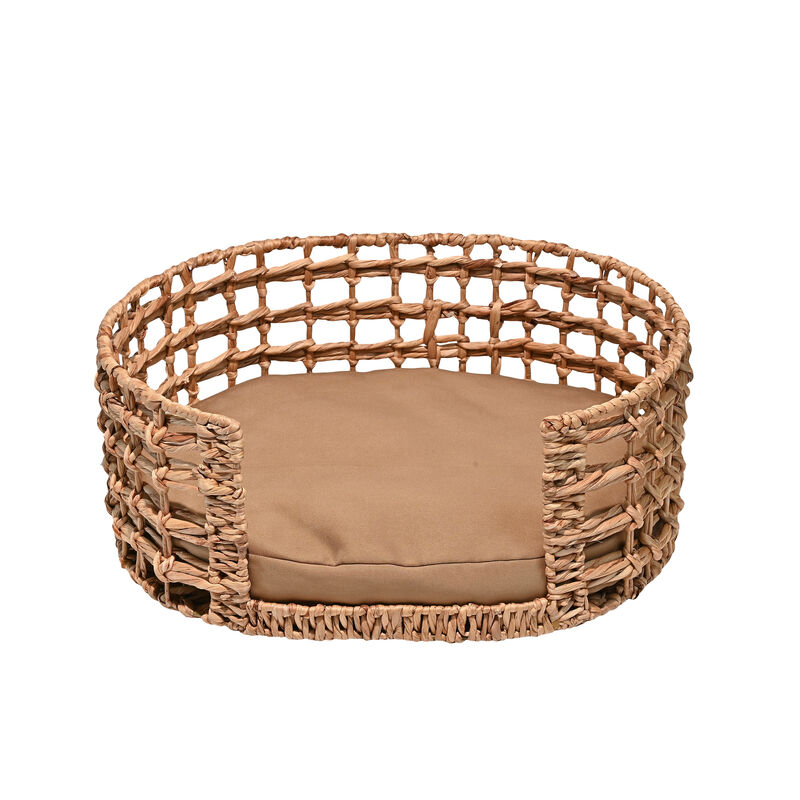 Gigi Modern Bohemian Handwoven Hyacinth Open-Weave Oval Pet Bed with Machine-Washable Cushion